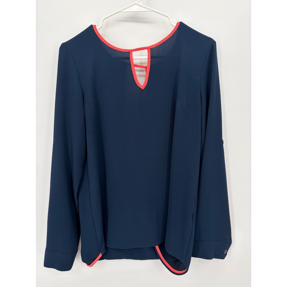 41 Hawthorn Blouse Womens Small Navy Coral Trim Wrap Long Sleeve Keyhole Top